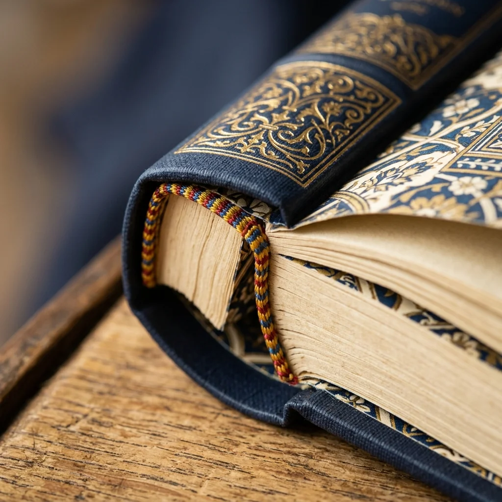 Detalle de acabados profesionales de empastado de libros en Puebla: cabezadas, guardas y grabado en foil